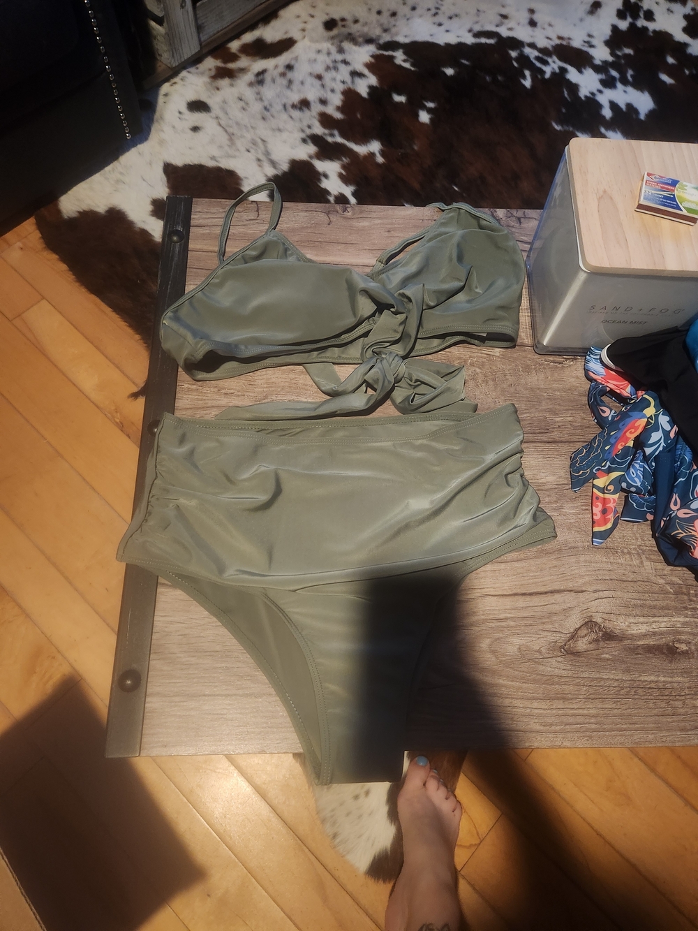 High-Waist Olive Green Tie-Front Bikini Set